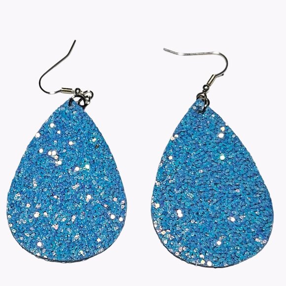 Elegant Faux Leather Blue Glitter Teardrop Earrings Statement Fashion Jewelry - Picture 1 of 5